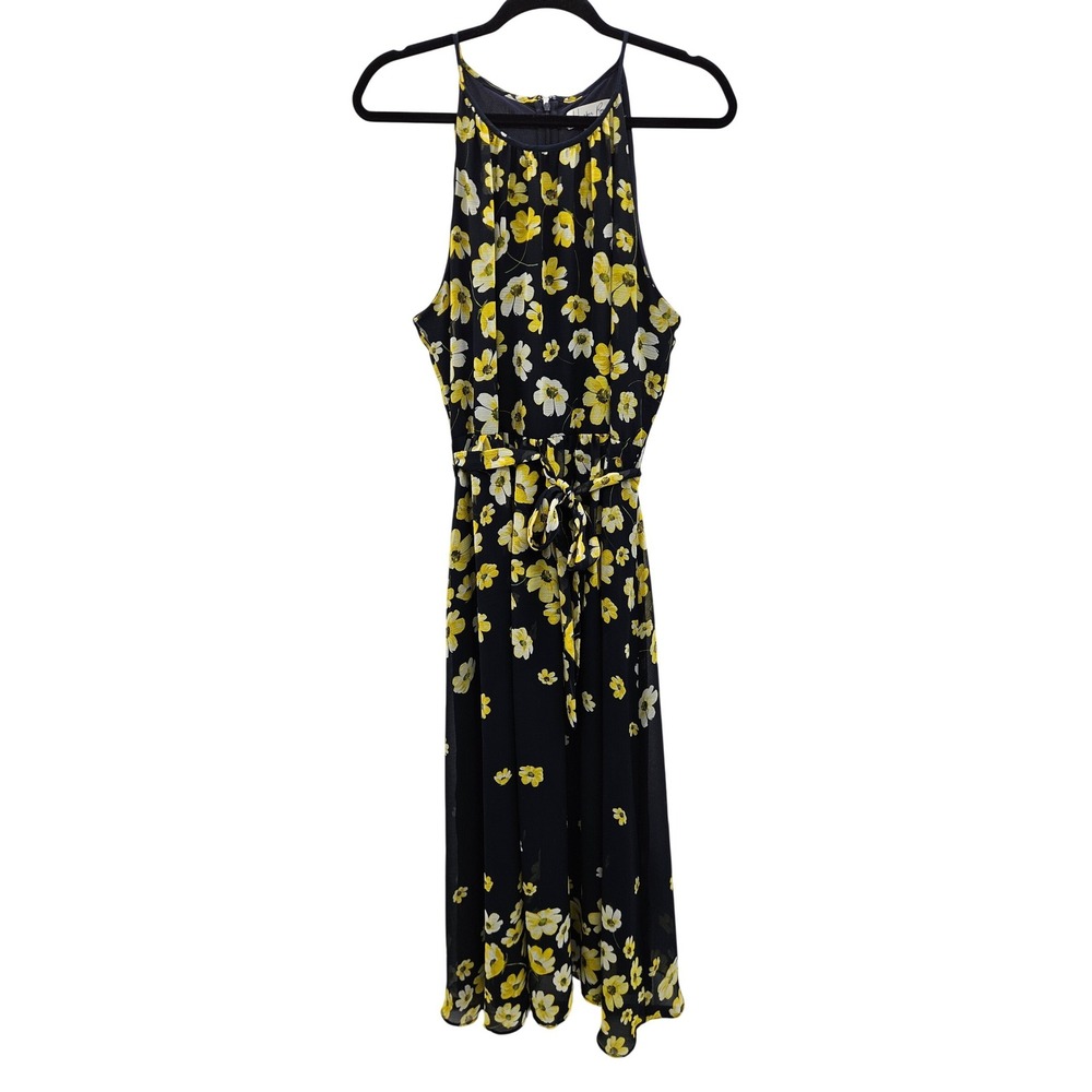 Harper Rose Navy Blue Yellow Floral Halter Midi Dress Size 14 Chiffon Sleeveless